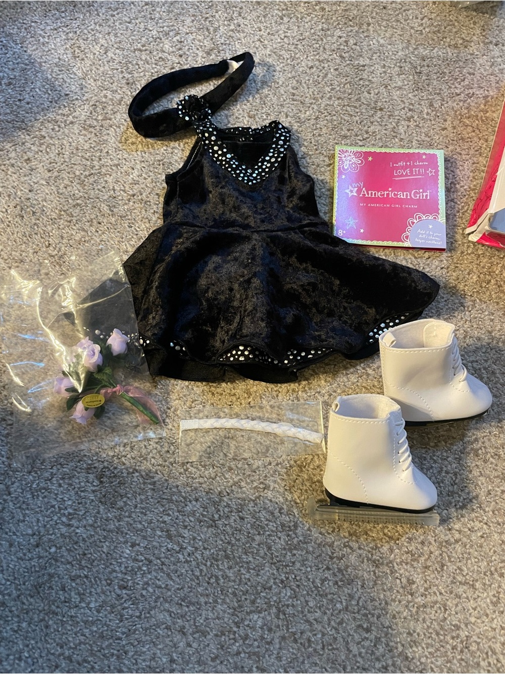 American Girl Doll Midnight Skate Outfit Dress, Headband, Skates Flowers, charm